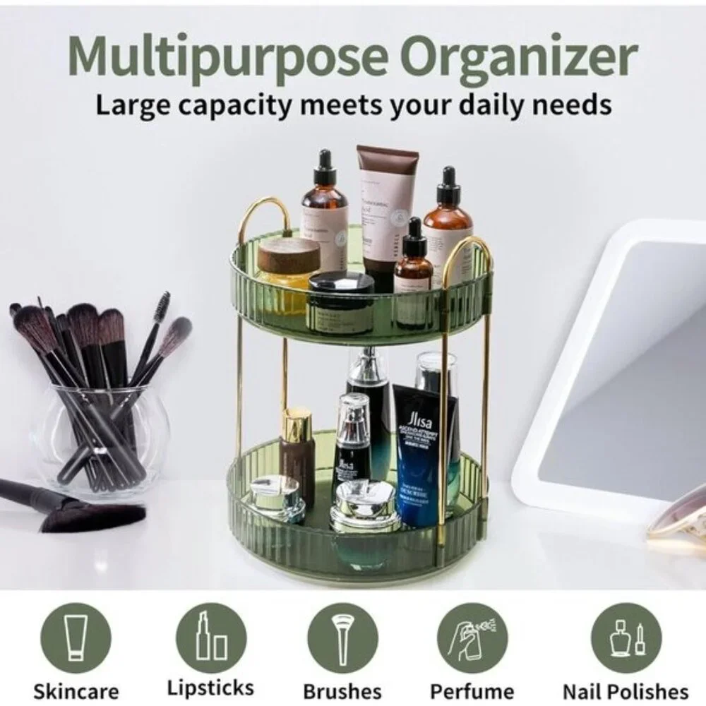 New 360° Rotating Makeup Organizer, 2-Tier Green Vanity & Skincare Storage Rack